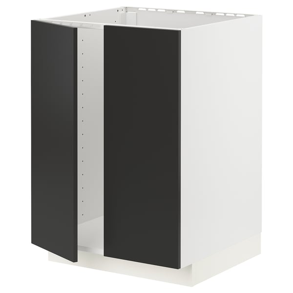A modern, angular, black and white METOD kitchen unit with snap-on hinges, designed for built-in appliances.
