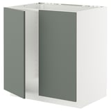 An ikea METOD kitchen cabinet with a white frame and green-gray doors. Its designed for either an oven or sink and has sleek, modern lines.