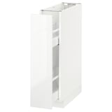 White METOD kitchen cabinet, modern, glossy, partially open with adjustable shelves.