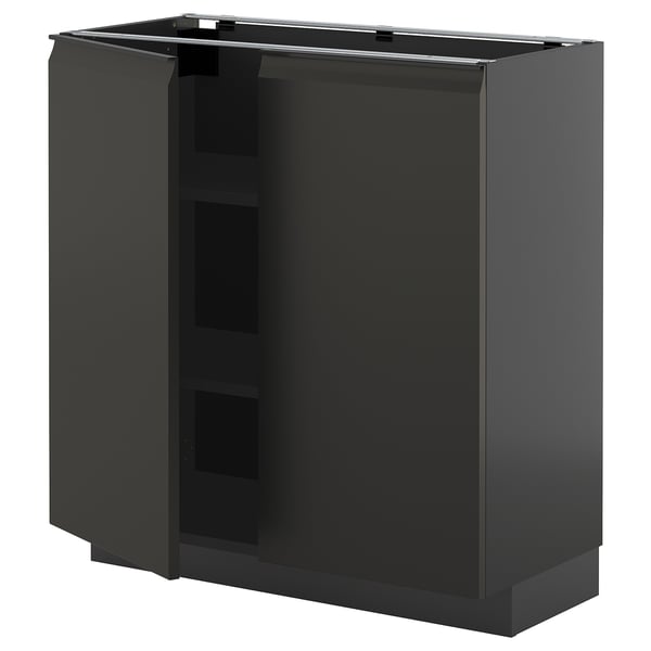 Modern black kitchen cabinet with sleek doors and handle, rectangular shape, glossy finish.