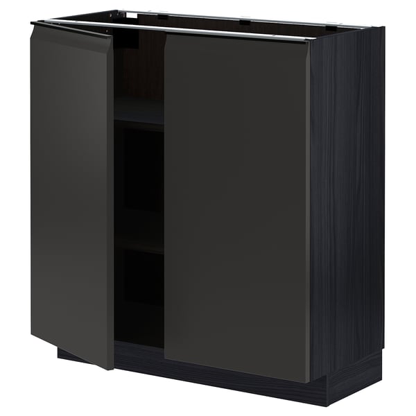 METOD kitchen cabinet in black with two open doors revealing shelves, modern design.