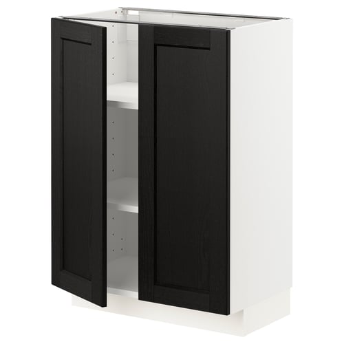 A white kitchen cabinet with two open black ash doors featuring bevelled edges. The cabinet has adjustable shelves and a modern, traditional design.
