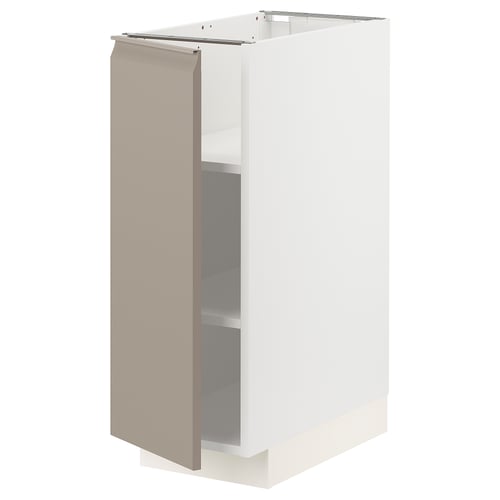 A white METOD kitchen cabinet with a gray-beige door. It has a modern design with a seamless handle and adjustable shelves.