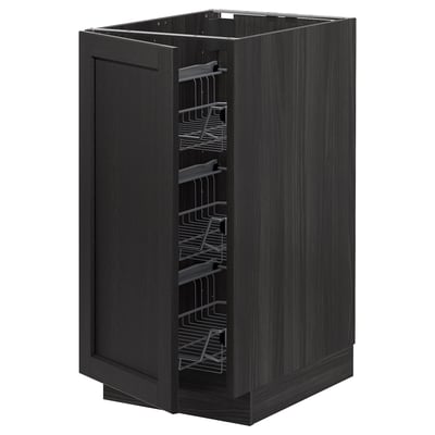 Black METOD kitchen cabinet with 3 wire pull-out baskets, rectangular shape, dark wood grain finish.