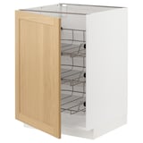 A white kitchen cabinet with wooden door open, revealing wire shelves inside.