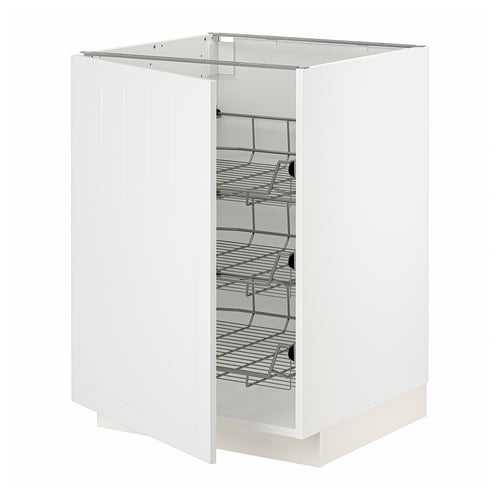 White METOD kitchen cabinet with wire shelves and one open door.