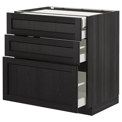 Black stained drawer cabinet with beveled edges and three pull-out drawers.