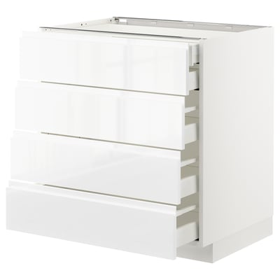 High gloss white kitchen cabinet with four drawers.