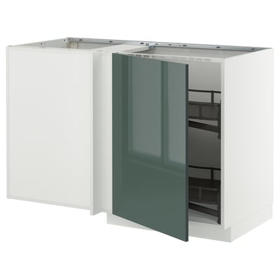 METOD kitchen unit with grey-green glossy doors and pull-out storage.