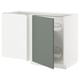 Modern white kitchen cabinet with grey-green door, pull-out shelves for storage.