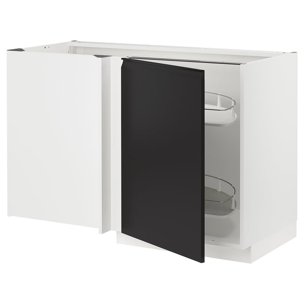 A modern white corner base cabinet with a black door from the METOD kitchen system. It has pull-out shelves for accessible storage.