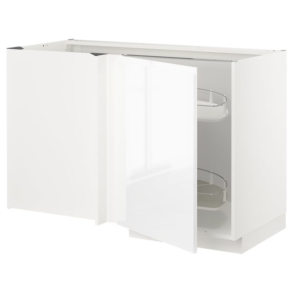 White corner base cabinet with pull-out carousel in modern kitchen.