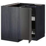 Dark gray ikea METOD kitchen cabinet with open door, showing shelves and organizing solutions.