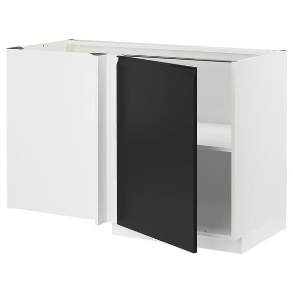 METOD kitchen unit in white with black door, modern and minimalistic.