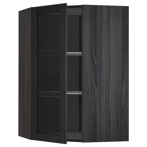 Black stained wood corner cabinet with glass doors.
