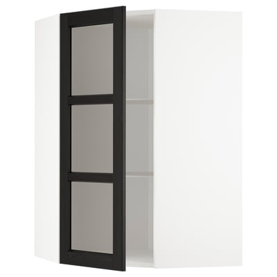 METOD kitchen cabinet with black glass doors & beveled edges