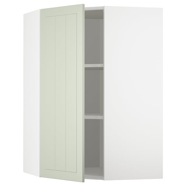 Displays an open light green METOD kitchen cabinet with a plain, rectangular door and two interior shelves.