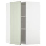Displays an open light green METOD kitchen cabinet with a plain, rectangular door and two interior shelves.