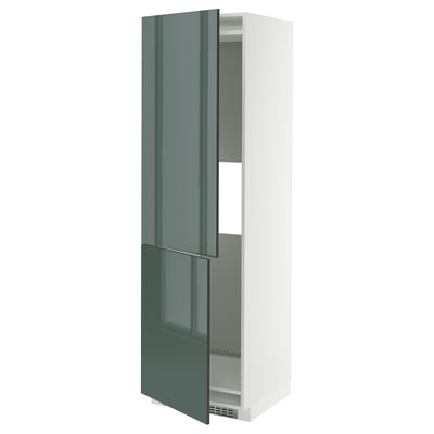 A tall green-gloss kitchen cabinet with a door and adjustable shelves.
