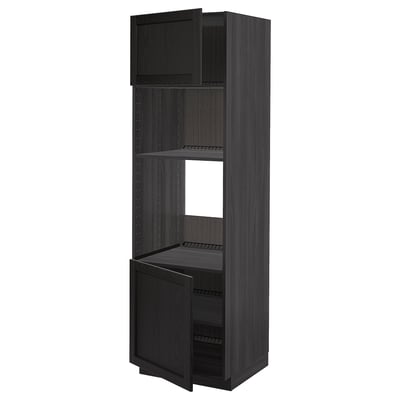 METOD kitchen unit. Black stained wood. Tall, rectangular. Three open shelves at top, two cabinets below with adjustable shelves.
