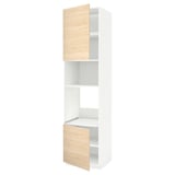 White cabinets with light wood doors, tall open shelf, modular design.