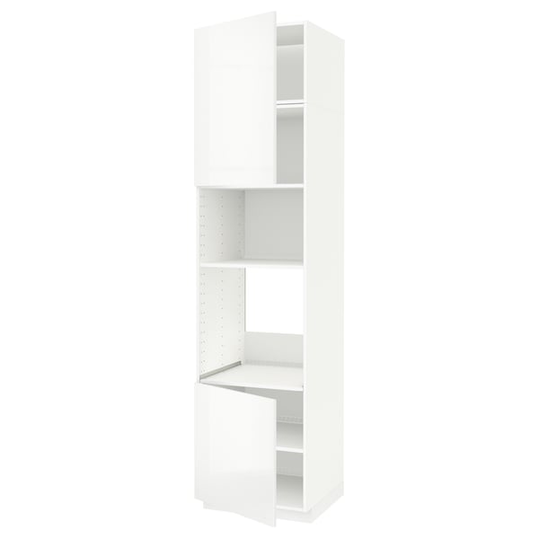 A white METOD tall kitchen cabinet with adjustable shelves. It a modern, high-gloss design with various compartments for storage.