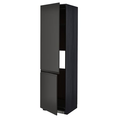 Black METOD cabinet with open doors, modern design, woven texture, adjustable shelf.