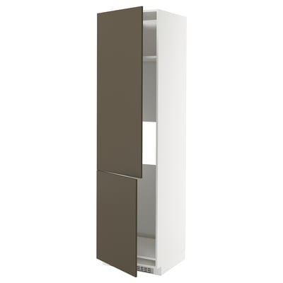 Tall white kitchen cabinet with dark brown doors and adjustable shelves.