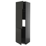 Black glossy METOD tall kitchen cabinet with open doors.
