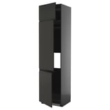 Black modern kitchen cabinet with three doors, sleek design, matte finish, tall and slim shape, glossy edges.