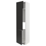 A white METOD tall kitchen cabinet with black doors. The cabinet is open, revealing shelves inside.