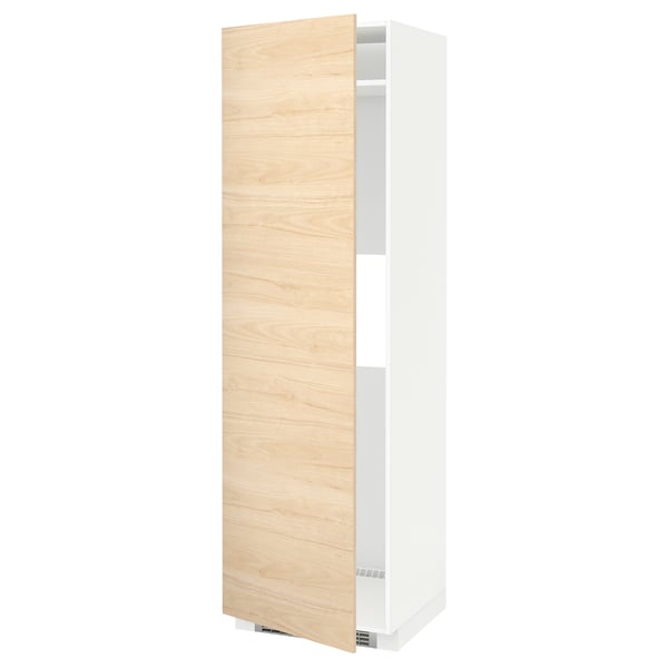 A METOD kitchen cabinet with a light ash wood pattern door and a white frame. It stands tall, slim, and an adjustable shelf inside.