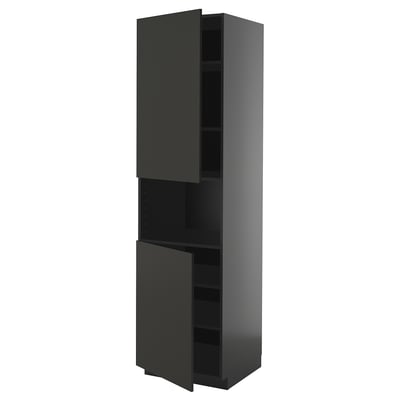 Modern black kitchen cabinet with two open adjustable shelves.