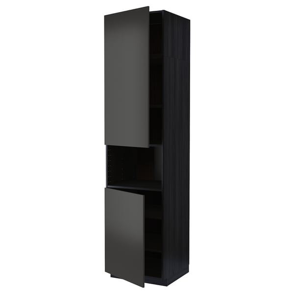 A black METOD kitchen cabinet with two open doors, featuring a sleek, modern design and adjustable shelves.