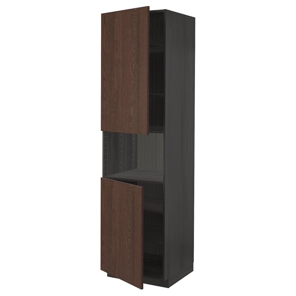 Dark brown wooden cabinet with one door open, tall and rectangular, modern design.