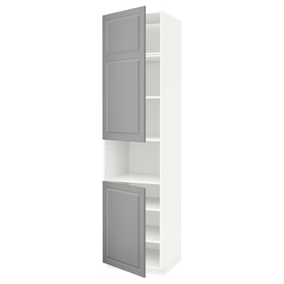 Ikea METOD tall kitchen cabinet in white and grey with adjustable shelves and grey doors with beveled edges.