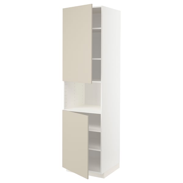 White METOD kitchen cabinet with beige doors, tall, two shelves.