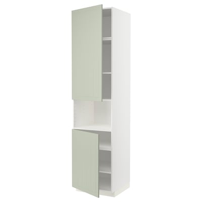 A tall, white cabinet with light green doors. It has open compartments and is part of the METOD kitchen system.