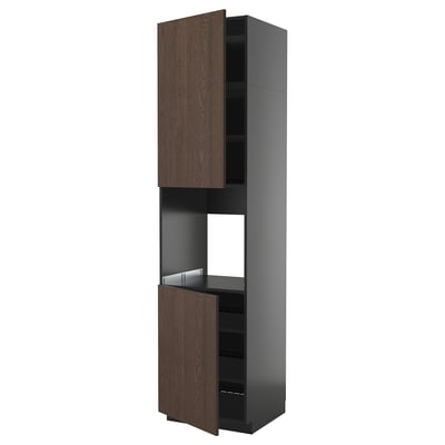 Modern tall kitchen unit with dark wood doors and shelves.