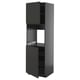 Black tall kitchen cabinet with open door, sleek modern design.