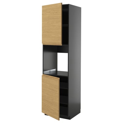 A tall, slim kitchen cabinet in black with oak-colored doors, featuring both a top and pull-out shelf, with a clean, modern design.