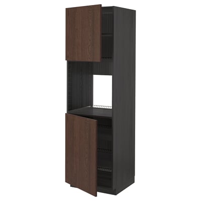METOD kitchen unit: tall, dark brown wood, 2 shelves, one open door.