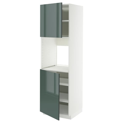 White-green kitchen cabinet, glossy finish, rectangular shape, multiple shelves.