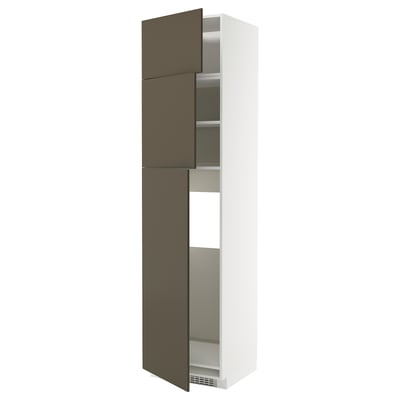 Displays a tall, modern storage cabinet in white with brown doors, featuring adjustable shelves inside.