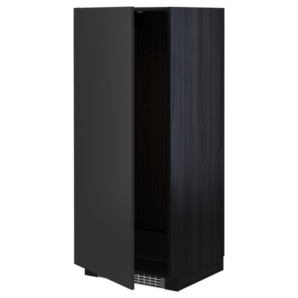 Modern black kitchen cabinet with door opened, showcasing interior and ventilation grille at the bottom.