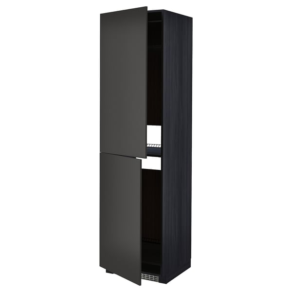 METOD kitchen unit: matt black, tall, square with two opened doors, sleek modern design.