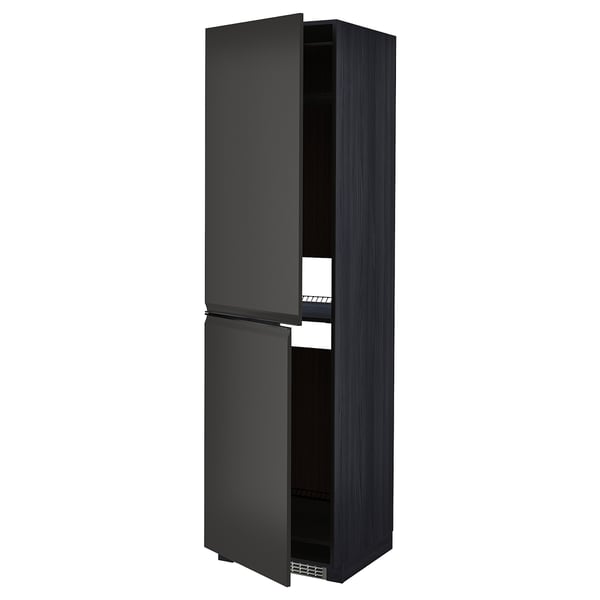 Modern black kitchen cabinet, sleek matte finish, tall slim design, with one open door revealing shelves.