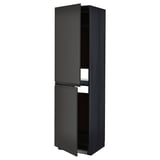 Modern black kitchen cabinet, sleek matte finish, tall slim design, with one open door revealing shelves.