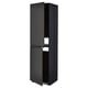 Modern black kitchen cabinet, sleek matte finish, tall slim design, with one open door revealing shelves.