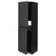 Black METOD kitchen cabinets with two open doors, dark wood grain finish, modern design.